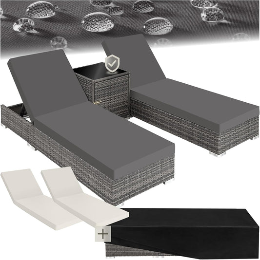 tectake 2er Gartenliegen Set mit Tisch – Polyrattan Sonnenliegen aus Aluminium, 5-fach verstellbar, mit Schutzhüllen