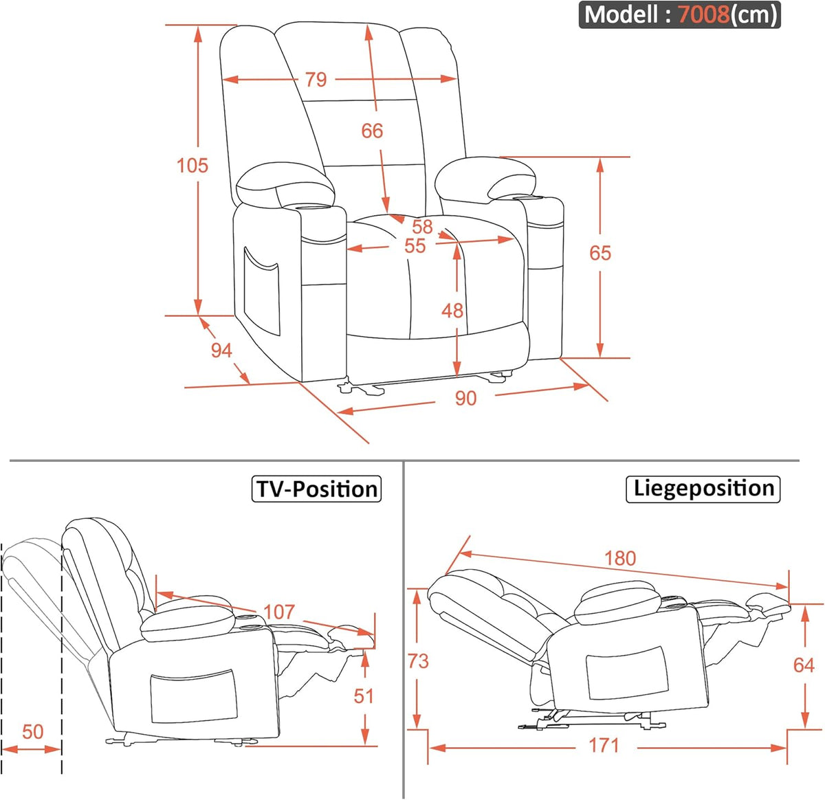 M MCombo Elektrischer Fernsehsessel Relaxsessel mit Liegefunktion, Massage & Wärme, USB-Anschluss, verstellbarer TV Sessel für Wohnzimmer