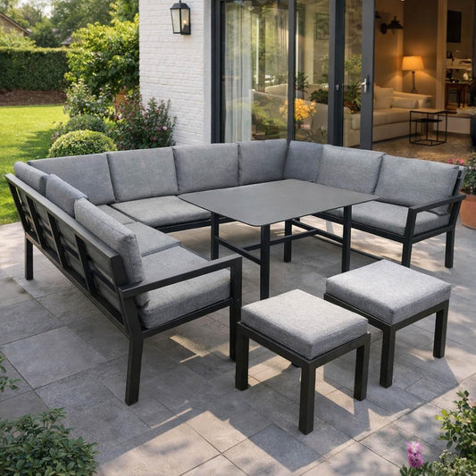 BRAST Madrid Garten Lounge Set 11 Personen Hellgrau – U-Form Outdoor Sitzgruppe mit Esstisch, Sofa & Hockern, Wetterfest