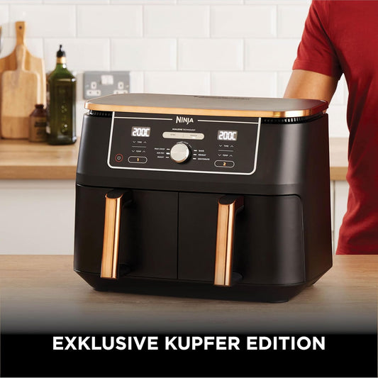 Ninja Foodi MAX Dual Zone Heißluftfritteuse, 9,5L Airfryer, 2 Fächer, mit Zange, Antihaftbeschichtung, spülmaschinenfeste Körbe, 6-in-1, Amazon Exklusiv, Kupfer/Schwarz, AF400EUCP