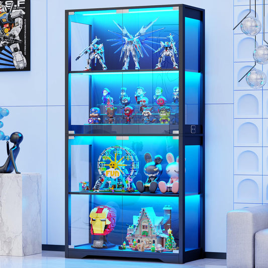 BROTTAR Glasvitrine mit Dreifarbig LED Beleuchtung und Glastüren, Glasvitrine Stehend mit Körpersensor-System, Sammlervitrine für Wohnzimmer, Büro, Bücher, Spielzimmer, Schwarz (40 x 35 x 160cm)