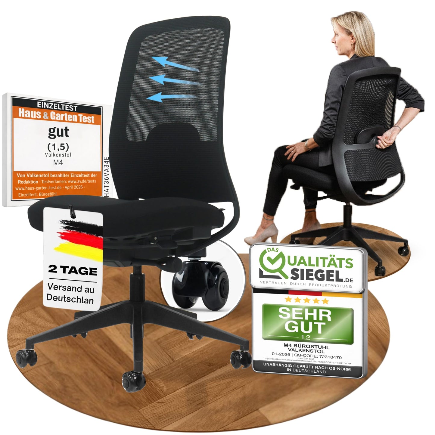 VALKENSTOL M2 Ergonomischer Bürostuhl Schwarz bis 150 kg – Schreibtischstuhl mit verstellbarer Lendenstütze, Mesh-Rücken & Höhenverstellung