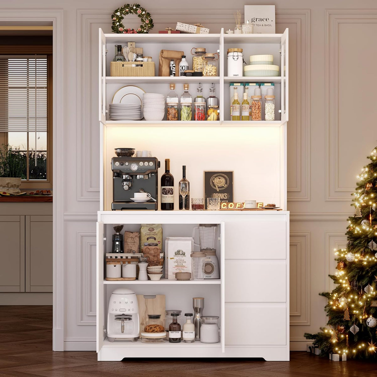 FirFurd Küchenschrank Weiß 180 cm mit LED & Steckdose – Buffetschrank mit Arbeitsplatte, Glastüren & 3 Schubladen