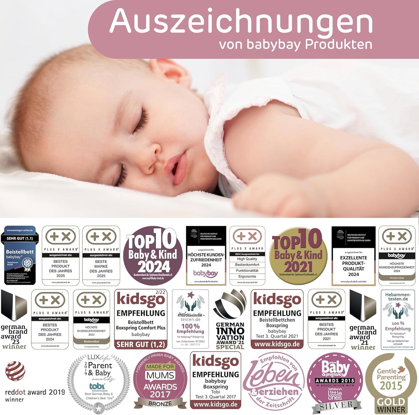 babybay Original Beistellbett aus massivem Buchenholz mit Matratze, höhenverstellbares Babybett für Neugeborene