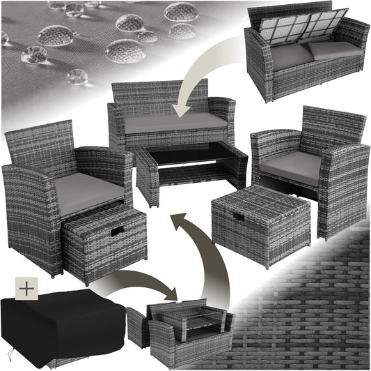 tectake Polyrattan Gartenmöbel Set 4 Personen mit Hocker & Auflagenbox – Garten Lounge Set mit Sofa, Tisch & Kissen für Balkon und Terrasse