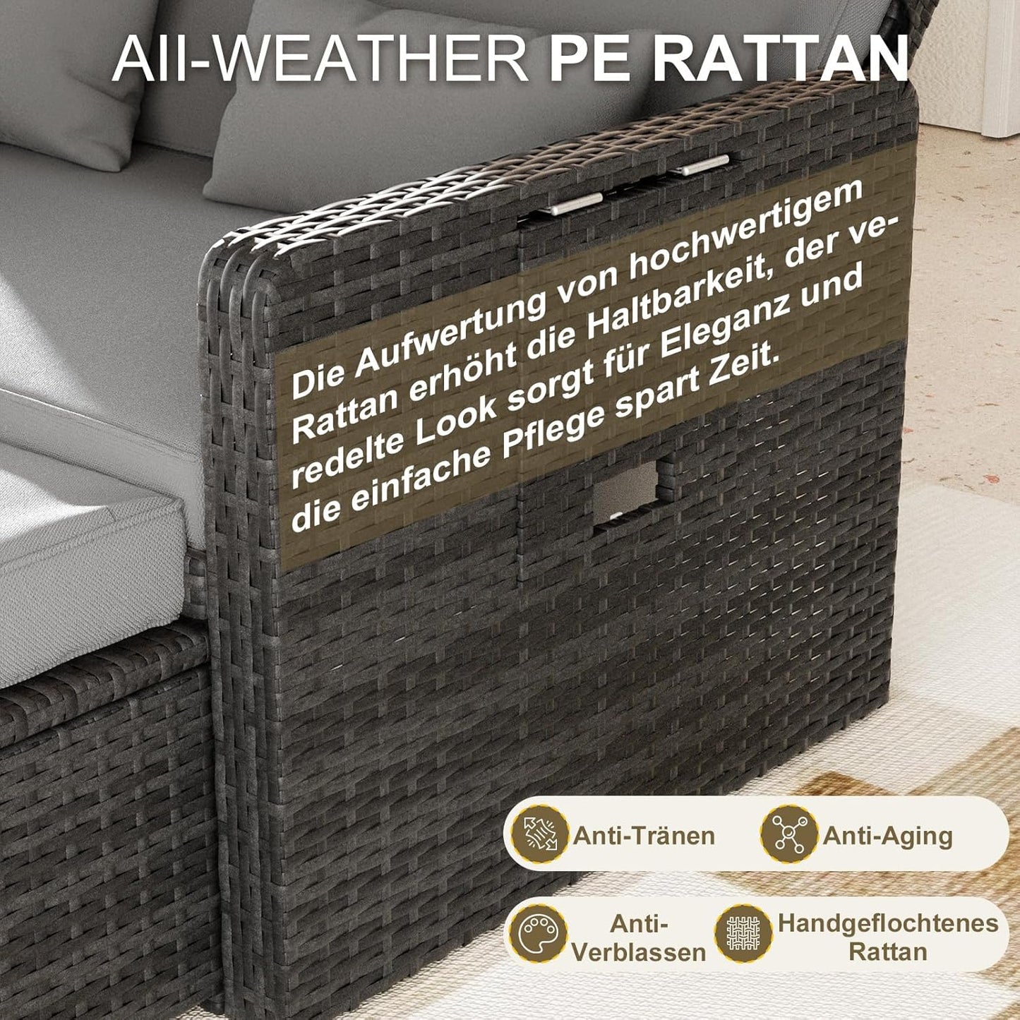 UDPATIO Rattan Lounge Sofa 2-Sitzer Grau mit Hocker & Stauraum, verstellbare Rückenlehne, Gartenmöbel Set aus PE-Rattan für Balkon & Terrasse