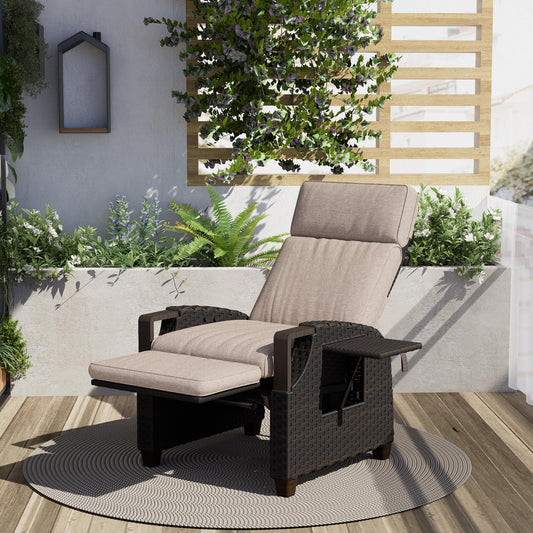 Grand patio Relaxliege Rattan Braun/Dunkelgrau, verstellbarer Liegesessel mit Sitzkissen & Beistelltisch, Garten & Terrasse