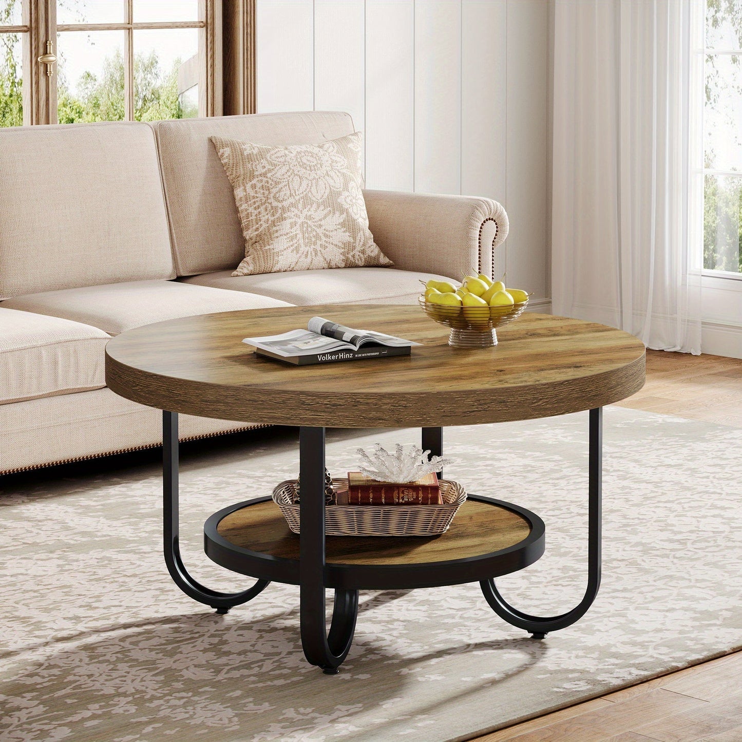 Eleganter runder Couchtisch mit Ablage – Gebogener Stahlrahmen – Ø80 cm