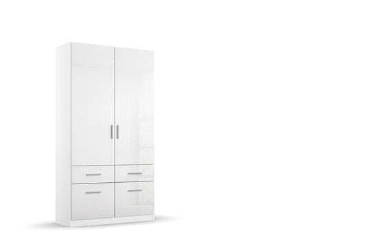 Rauch Möbel Celle Kleiderschrank Weiß Hochglanz, 3-türiger Drehtürenschrank mit 6 Schubladen, Kleiderschrank für Schlafzimmer