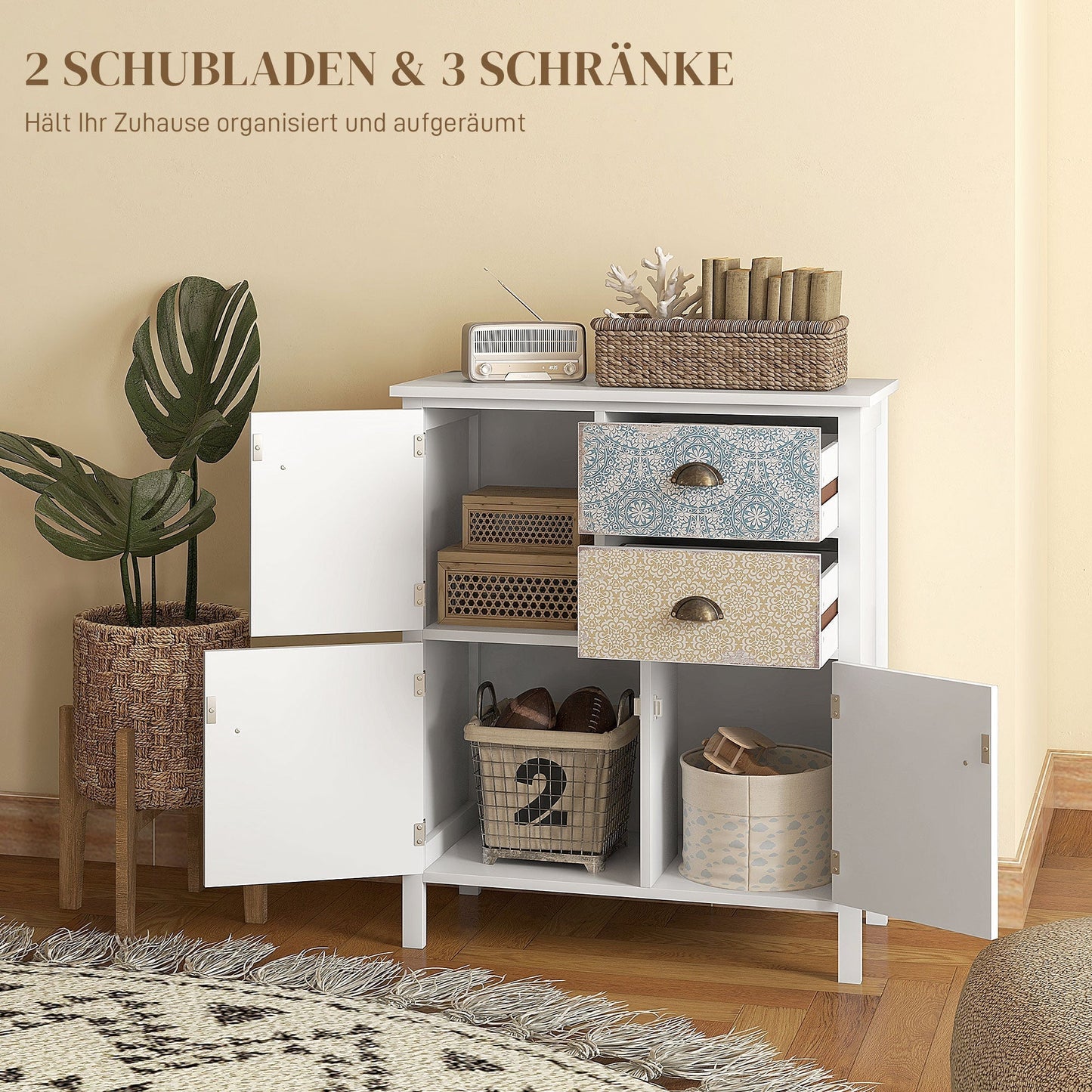 Vintage Kommode mit Gemusterten Fronten – 2 Schubladen und 3 Türen