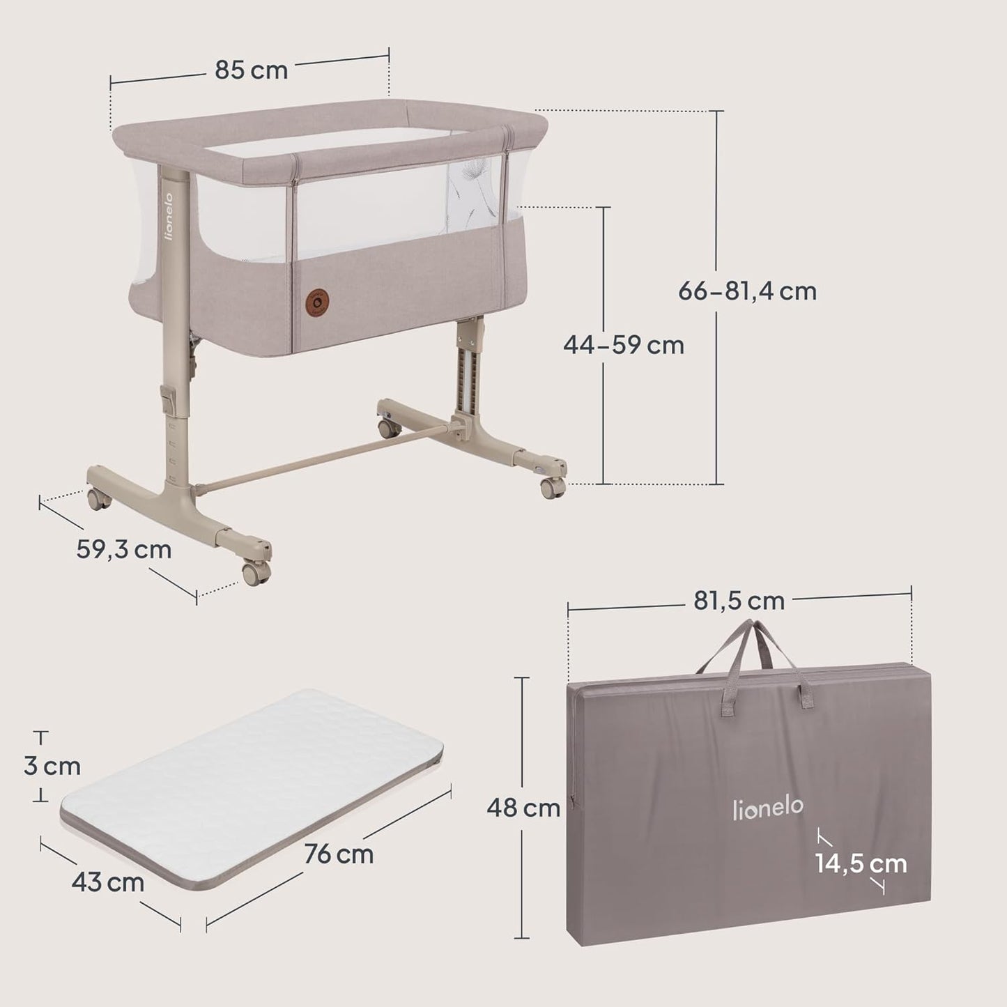 Lionelo Aurora 3 in 1 Babybett bis 9 kg, Beistellbett, Wiege