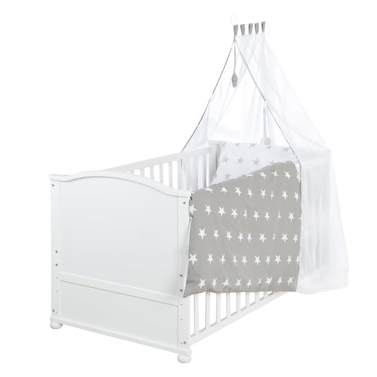 roba Babybett Set 70x140 cm mit Matratze, Bettwäsche & Himmel – Umbaubares Kinderbett zum Juniorbett, höhenverstellbar