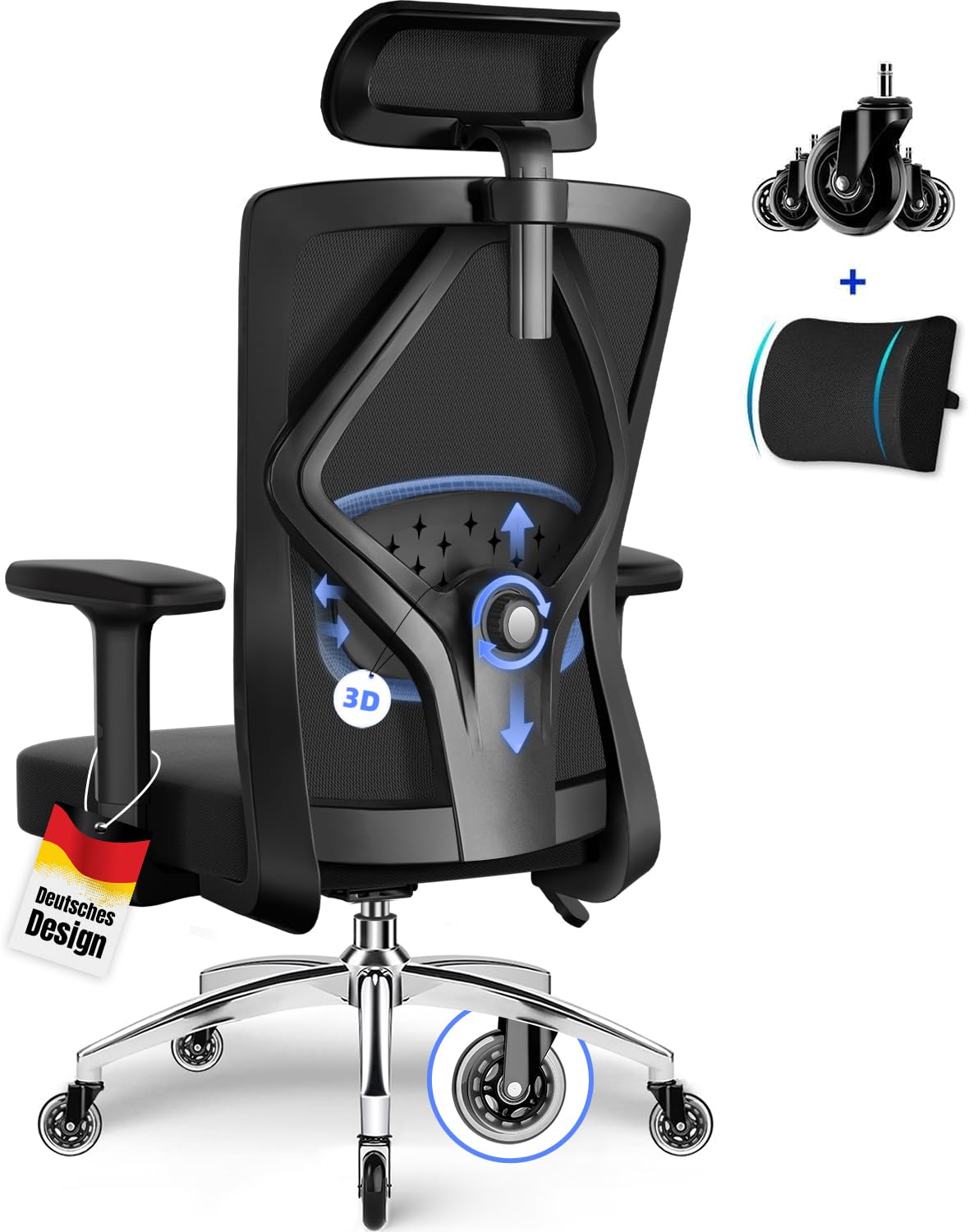 Daccormax Bürostuhl, Bürostuhl Ergonomisch Schreibtischstuhl mit Verstellbaren Armlehnen, Kopfstütze und weiche Lendenstütze aus Naturschwamm, Chefsessel Drehstuhl Wippfunktion 200kg, Schwarz