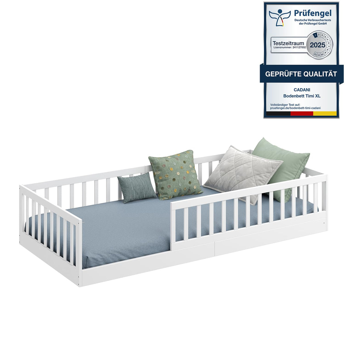 CADANI TIMI XL Bodenbett 140x200 Weiß, Rausfallschutz abnehmbar, bis 200 kg