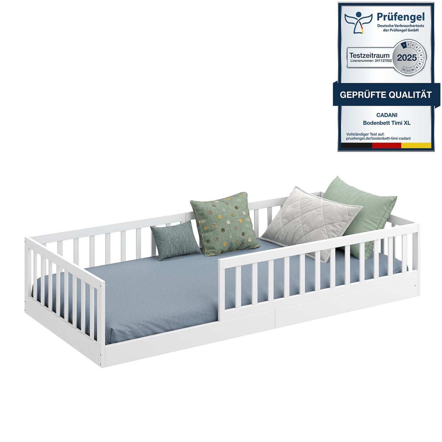 CADANI TIMI XL Bodenbett 120x200 Weiß, Rausfallschutz abnehmbar, bis 200 kg