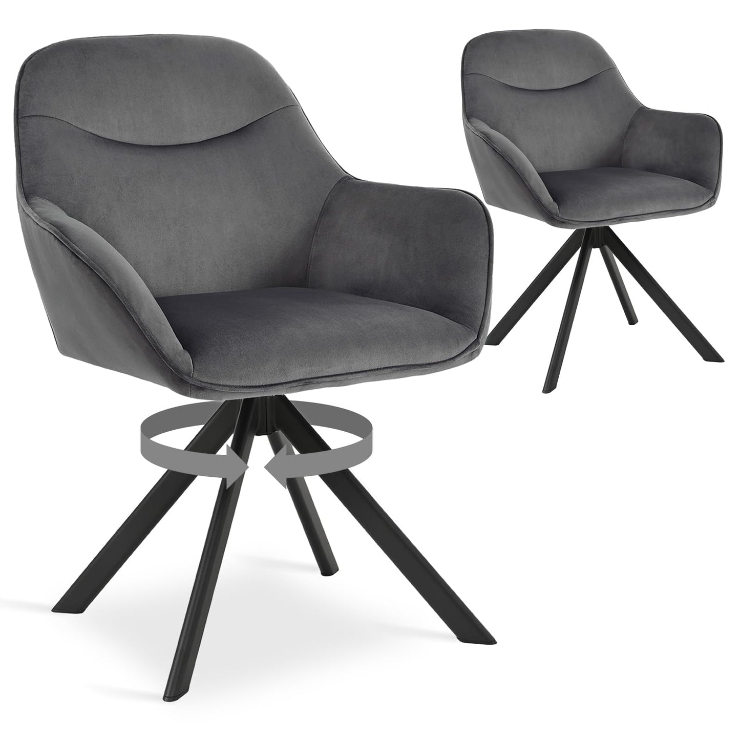 6er Set Esszimmerstühle Drehbar mit Armlehne, 360° Drehstuhl Polsterstuhl Samt Modern Küchenstuhl mit Metallbeine für Esszimmer, Wohnzimmer, Büro, Dunkelgrau
