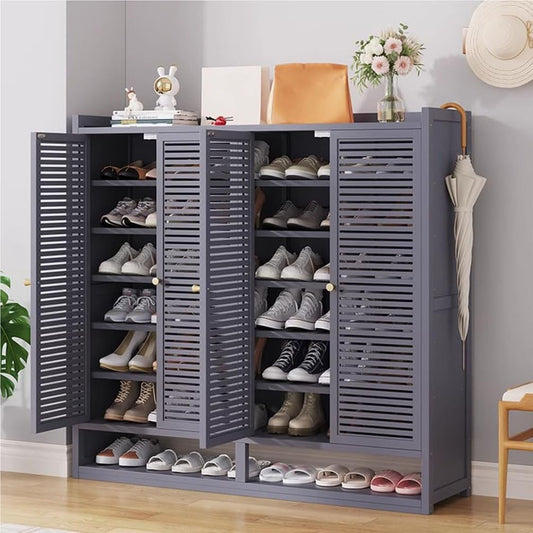 Schuhschrank aus Bambus mit Korbgeflecht-Türen, Schuhregal mit Stauraum, Mehrfach-Schuhschrank für Flur und Eingangsbereich
