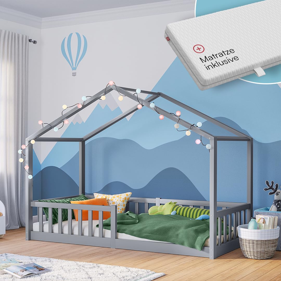 Bellabino Bia Kinderbett 120x200 cm, Bodenbett, Weiß, mit Rausfallschutz