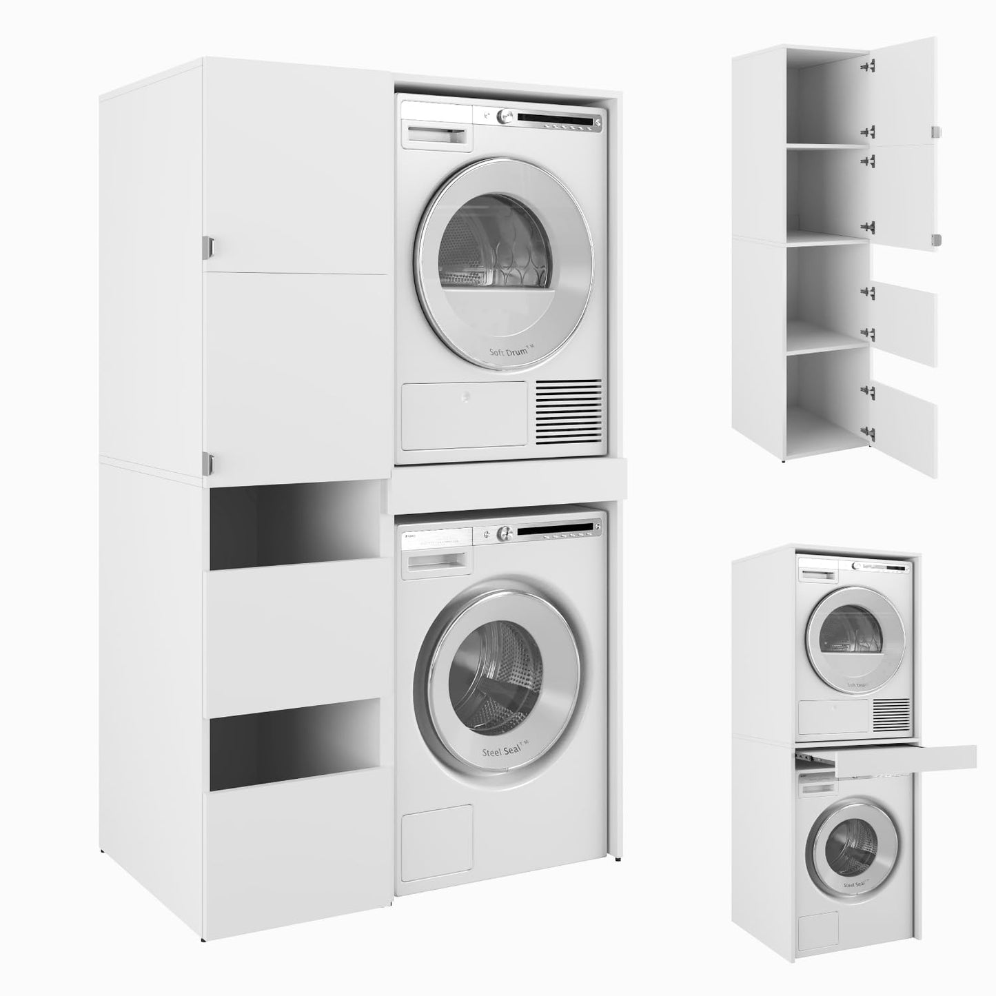 PLATAN ROOM Hochschrank Badschrank Waschmaschine Trockner Schrank Waschmaschinenschrank für Waschmaschine & Wäschetrockner Überbauschrank 187 x 65 x 66 cm Badregal (Weiß, 66 cm breit)