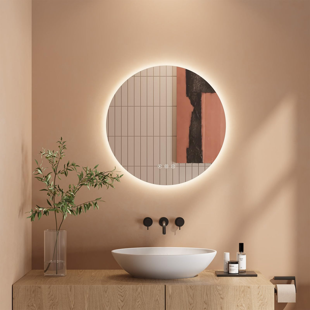 Dripex Badezimmerspiegel Led Badspiegel Rund, Touch-Schalter, Dimmbar, 3 Lichtfarbe Einstellbare Spiegel Bad mit Beleuchtung, LED Wandspiegel mit Licht, Beschlagfrei 80x80 cm