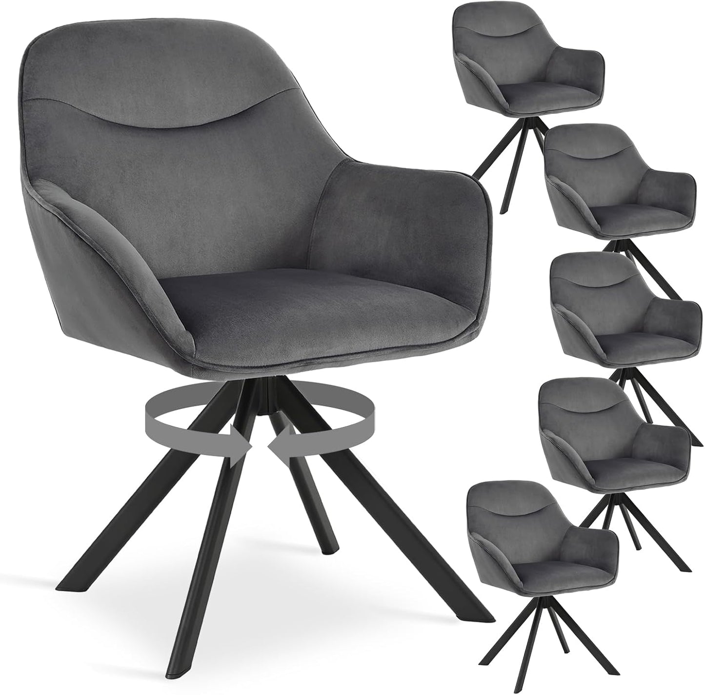 6er Set Esszimmerstühle Drehbar mit Armlehne, 360° Drehstuhl Polsterstuhl Samt Modern Küchenstuhl mit Metallbeine für Esszimmer, Wohnzimmer, Büro, Dunkelgrau