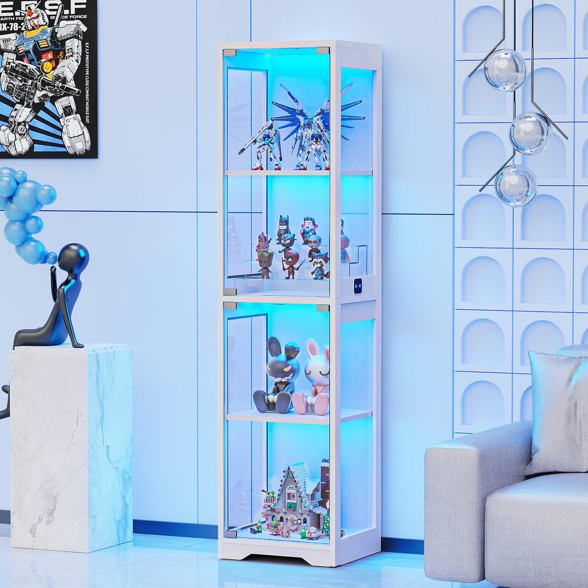 BROTTAR Beleuchtete Glasvitrine mit LED Sensor, moderner Vitrinenschrank & Standvitrine, 4 Etagen Sicherheitsglas Vitrine für Lego, Figuren und Sammlungen, Schwarz