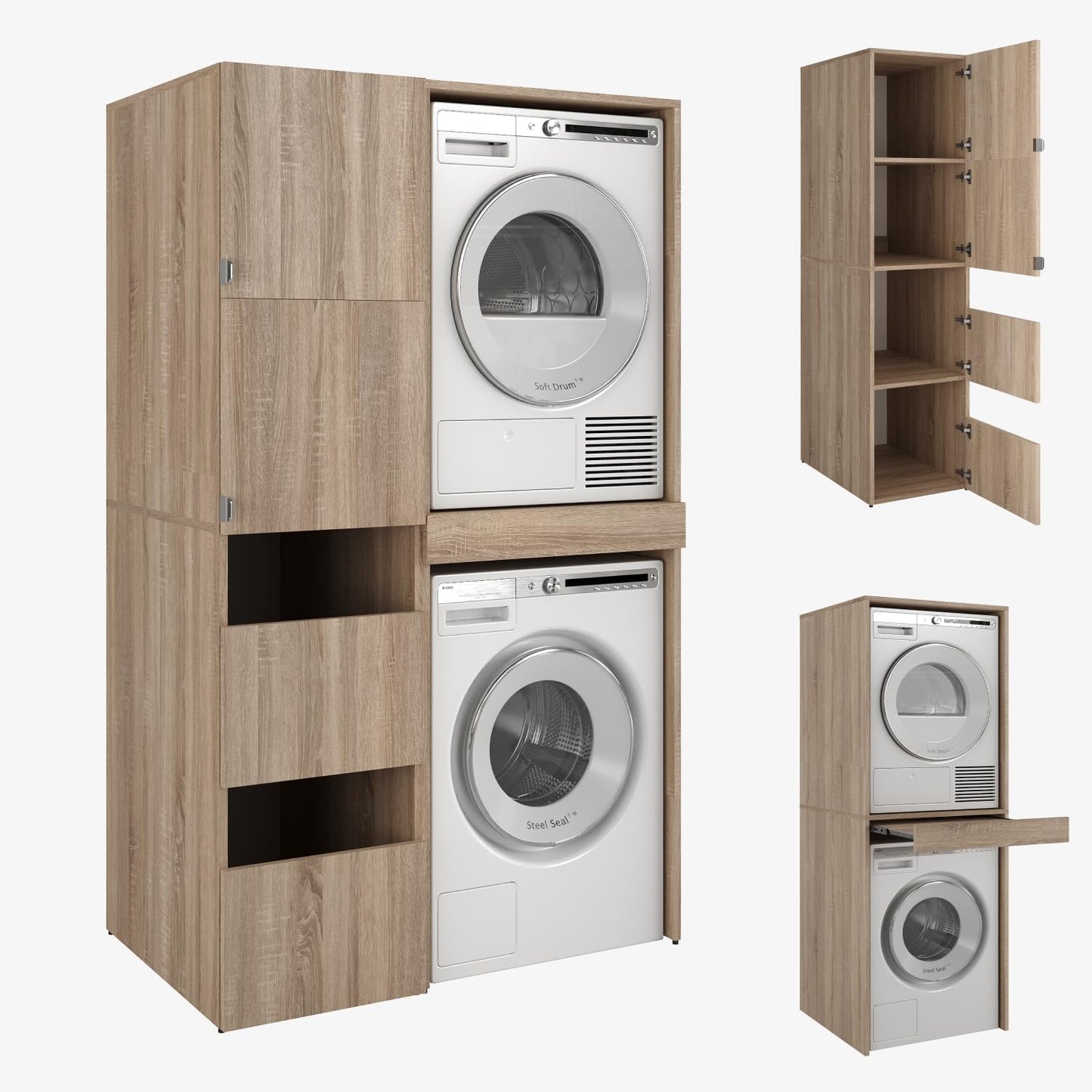 PLATAN ROOM Hochschrank Badschrank Waschmaschine Trockner Schrank Waschmaschinenschrank für Waschmaschine & Wäschetrockner Überbauschrank 187 x 65 x 66 cm Badregal (Weiß, 66 cm breit)