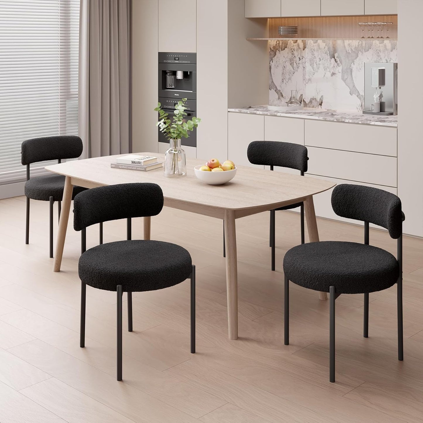 Hawthyhome Esszimmerstühle 4er Set丨Teddy Stoff Runde Boucle Stühle·Mid-Century gepolsterte Küchenstühle·Dining Chairs mit Metallbeinen·Creme Wei߷
