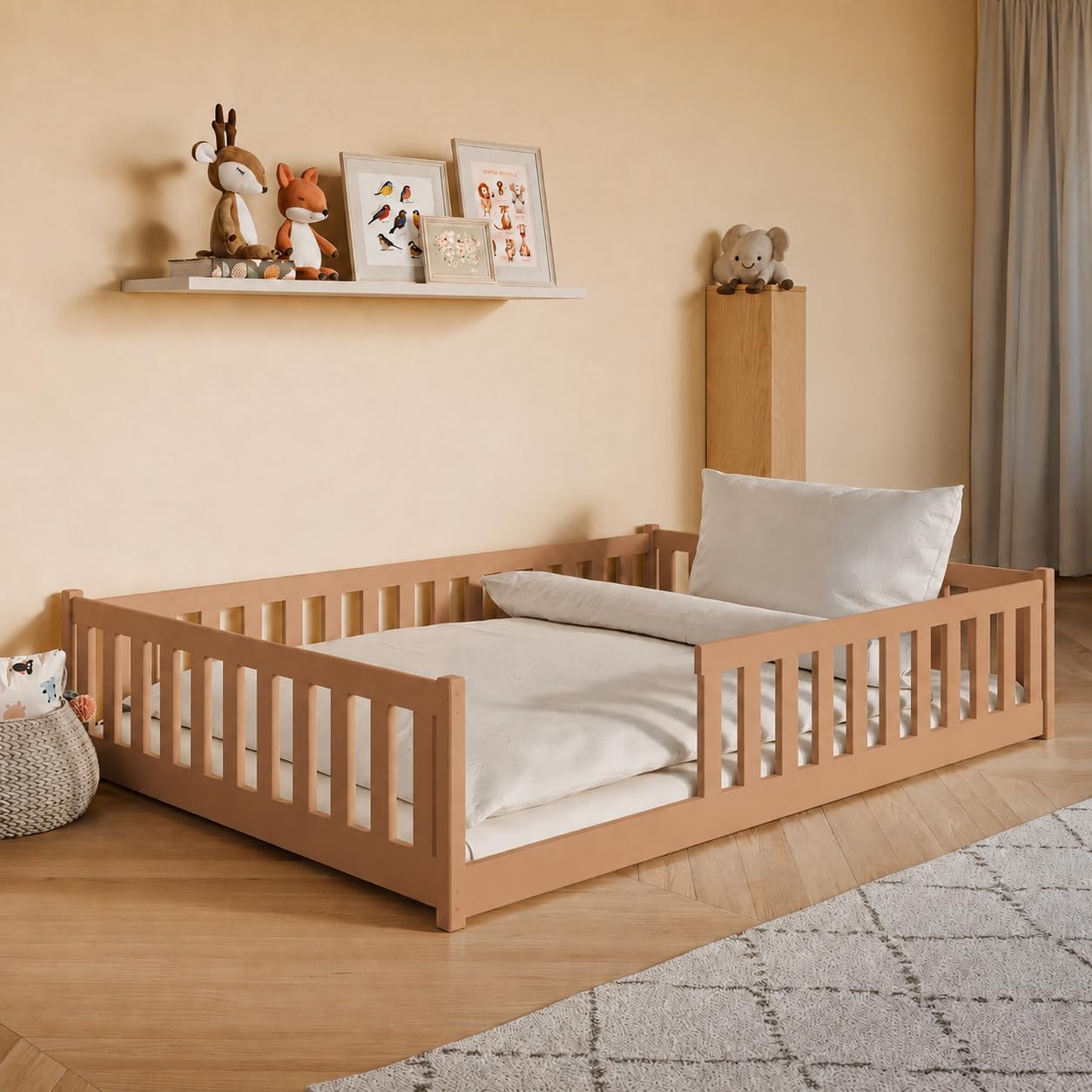 Kids Collective Kinderbett Bodenbett 120x200 cm Bett mit Rausfallschutz & Lattenrost Montessori Bett Bed Gitterbett Kinder Jugendbett Einzelbett | Natur Kiefer Holz massiv Junge Mädchen