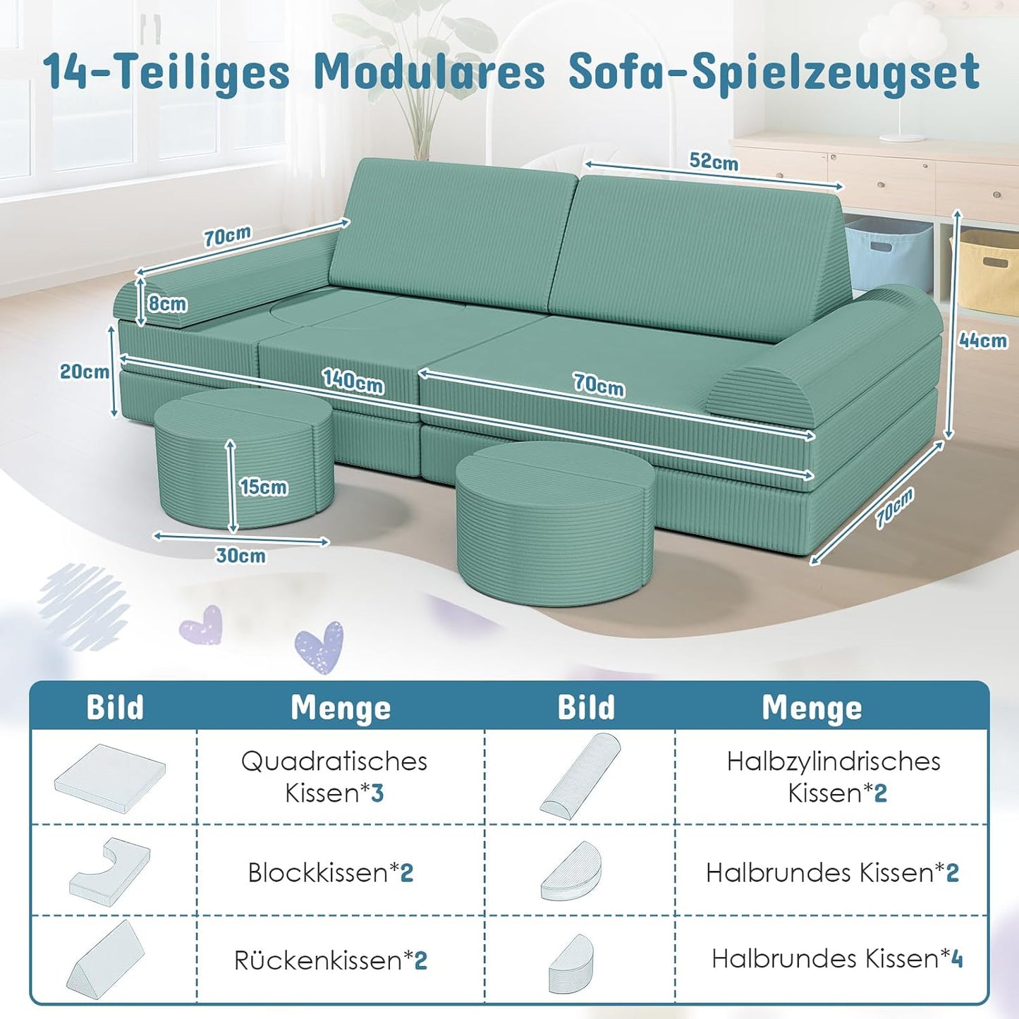MAMIZO Spielsofa Cord, Kindersofa-Bausteine,Spielsofa für Kinder Oeko-TEX