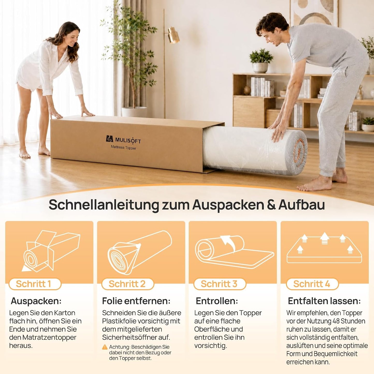 MULISOFT Topper 180x200 cm 7,5 cm H3/H4 – Gel Memory Foam Matratzentopper mit 7-Zonen, waschbarem Bezug & Anti-Rutsch