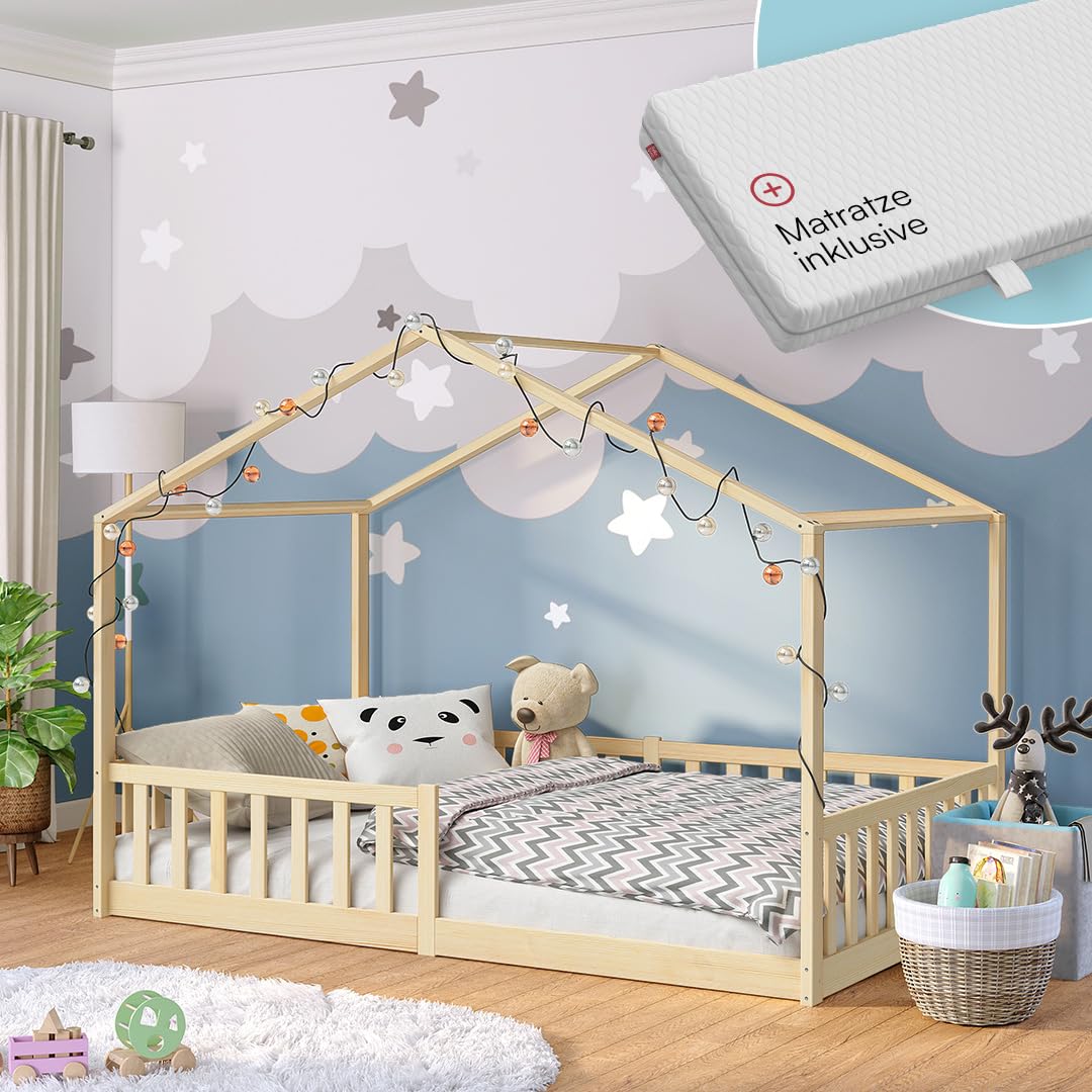 Bellabino Bia Kinderbett 120x200 cm, Bodenbett, Weiß, mit Rausfallschutz