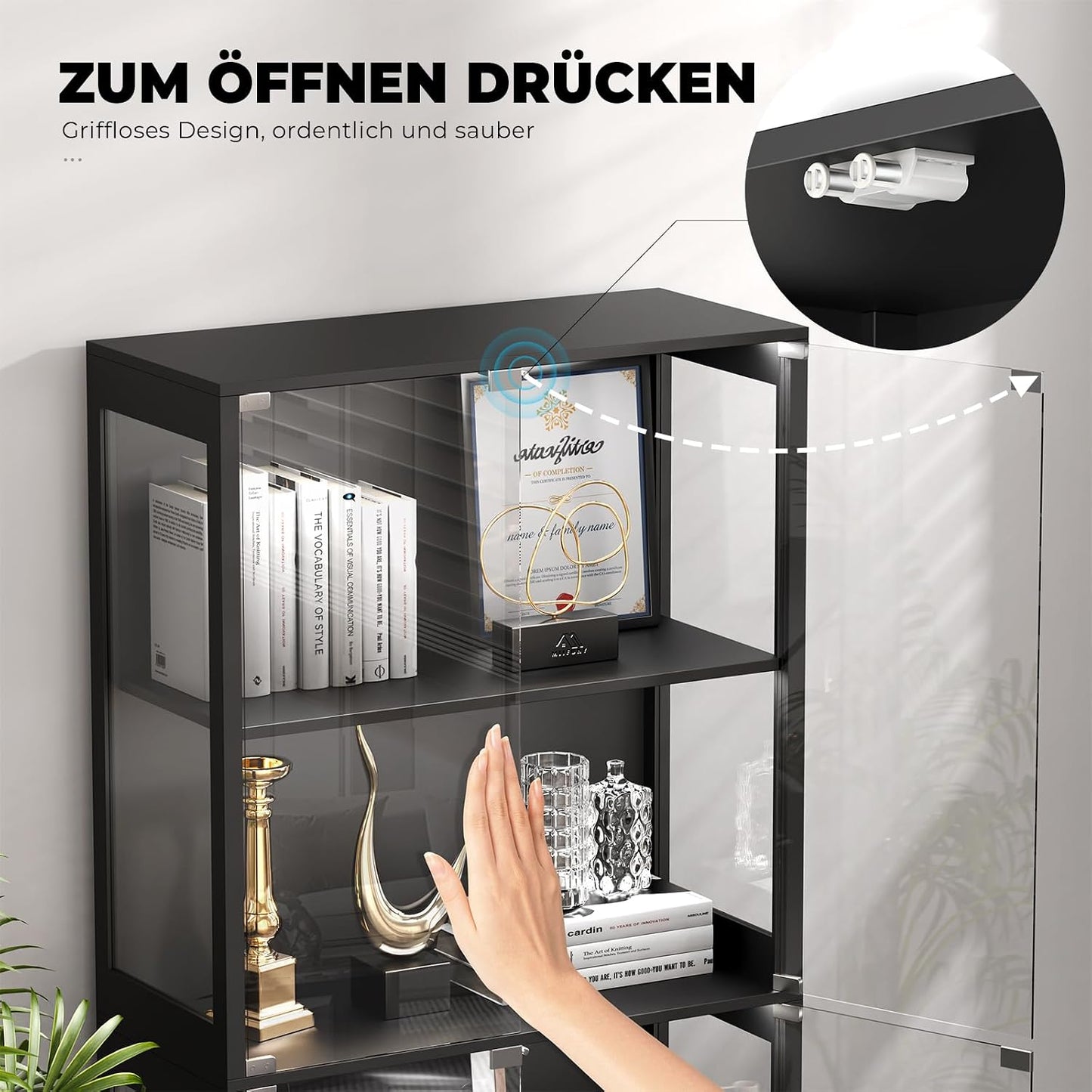 BROTTAR Beleuchtete Glasvitrine mit LED Sensor, moderner Vitrinenschrank & Standvitrine, 4 Etagen Sicherheitsglas Vitrine für Lego, Figuren und Sammlungen, Schwarz