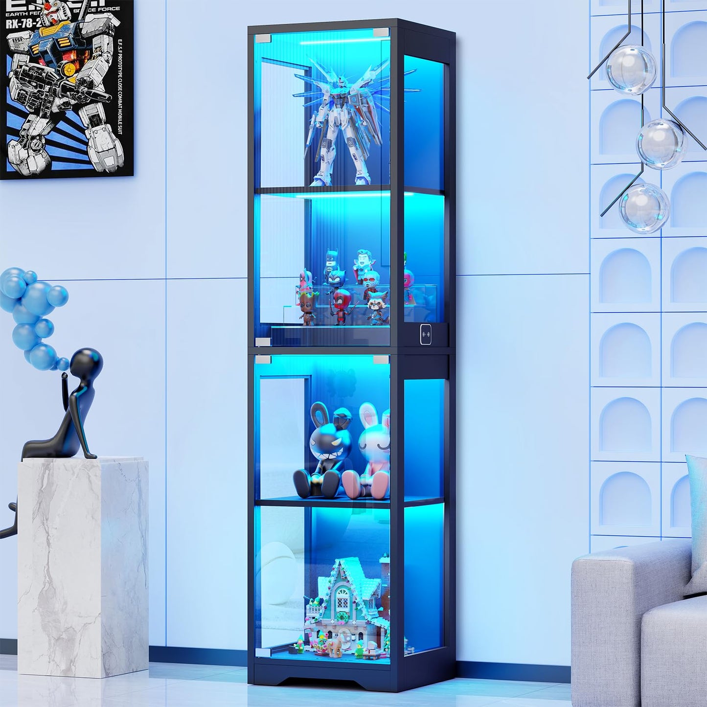 BROTTAR Beleuchtete Glasvitrine mit LED Sensor, moderner Vitrinenschrank & Standvitrine, 4 Etagen Sicherheitsglas Vitrine für Lego, Figuren und Sammlungen, Schwarz