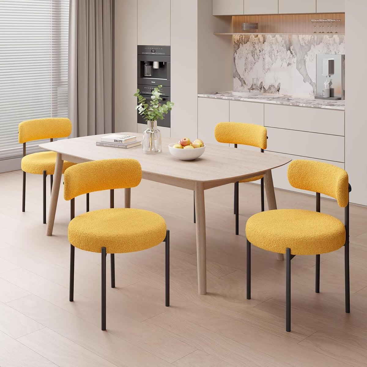 Hawthyhome Esszimmerstühle 4er Set丨Teddy Stoff Runde Boucle Stühle·Mid-Century gepolsterte Küchenstühle·Dining Chairs mit Metallbeinen·Creme Wei߷