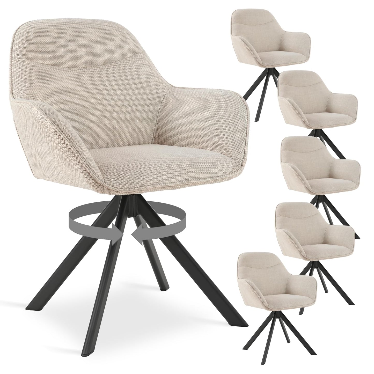 6er Set Esszimmerstühle Drehbar mit Armlehne, 360° Drehstuhl Polsterstuhl Samt Modern Küchenstuhl mit Metallbeine für Esszimmer, Wohnzimmer, Büro, Dunkelgrau