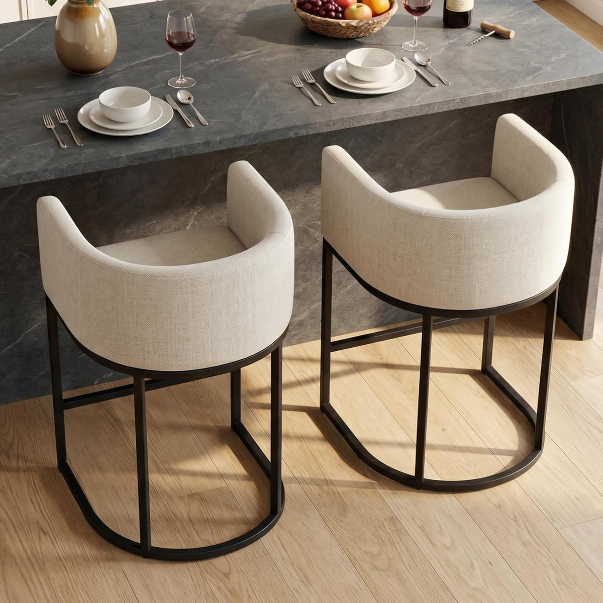 Barhocker 2er Set, 62 cm Leinen, Beige