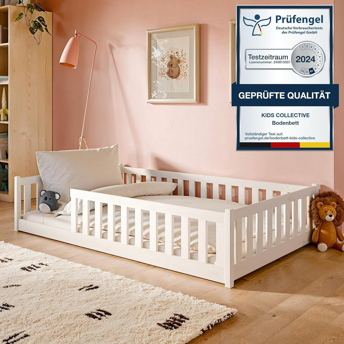 Kids Collective Kinderbett Bodenbett 120x200 cm Bett mit Rausfallschutz & Lattenrost Montessori Bett Bed Gitterbett Kinder Jugendbett Einzelbett | Natur Kiefer Holz massiv Junge Mädchen