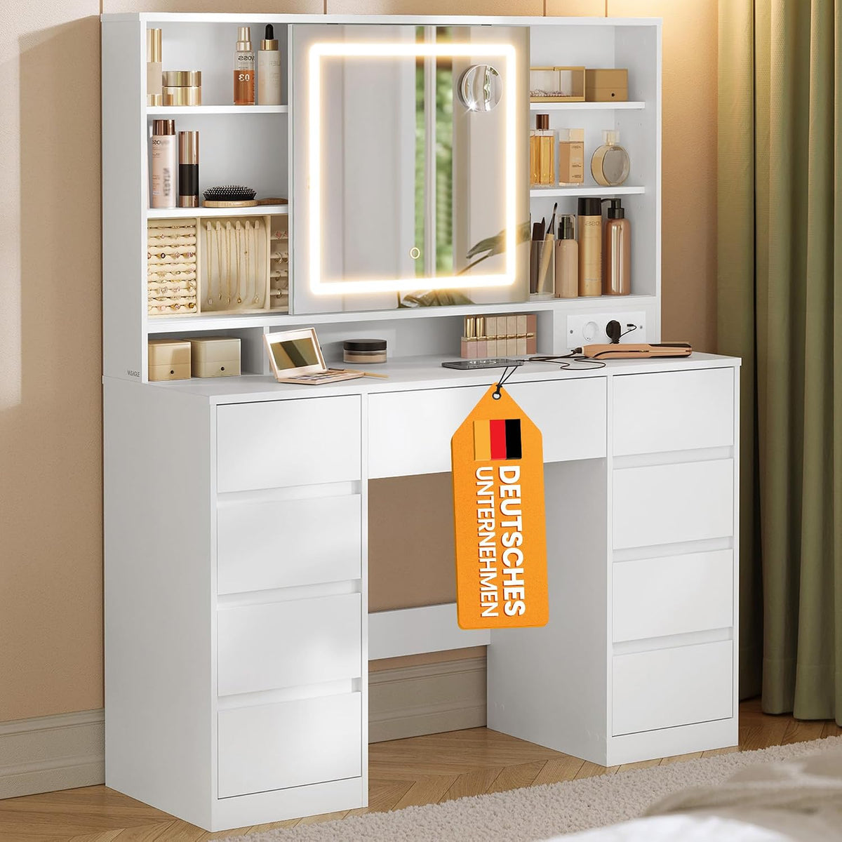 VASAGLE Schminktisch mit Beleuchtung und mit Spiege, 9 Schubladen