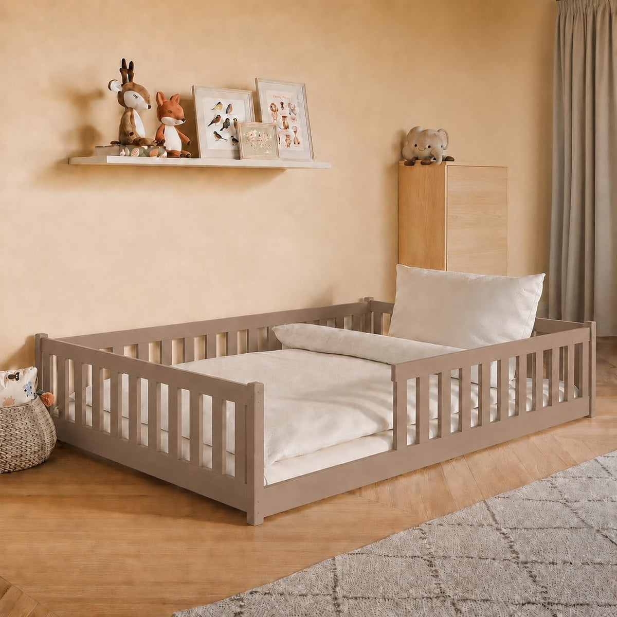 Kids Collective Kinderbett Bodenbett 120x200 cm Bett mit Rausfallschutz & Lattenrost Montessori Bett Bed Gitterbett Kinder Jugendbett Einzelbett | Natur Kiefer Holz massiv Junge Mädchen