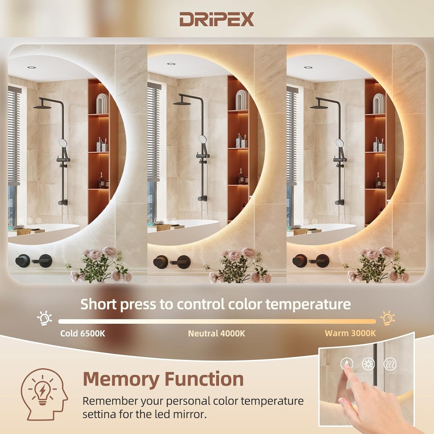 Dripex Badezimmerspiegel Led Badspiegel Rund, Touch-Schalter, Dimmbar, 3 Lichtfarbe Einstellbare Spiegel Bad mit Beleuchtung, LED Wandspiegel mit Licht, Beschlagfrei 80x80 cm