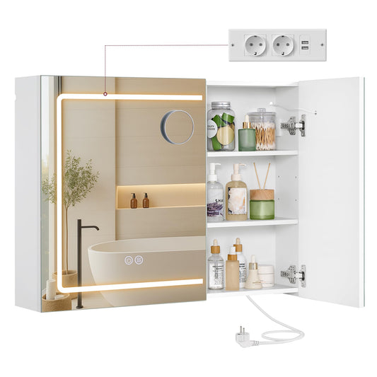VASAGLE Spiegelschrank mit Beleuchtung, Wandschrank, 16,5 x 80 x 60 cm