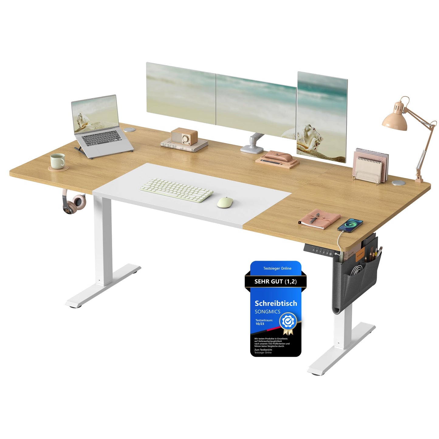 SONGMICS Höhenverstellbarer Schreibtisch 180x80 cm – Elektrischer Sitz-Steh-Schreibtisch mit USB, Organizer & Haken, Vintagebraun