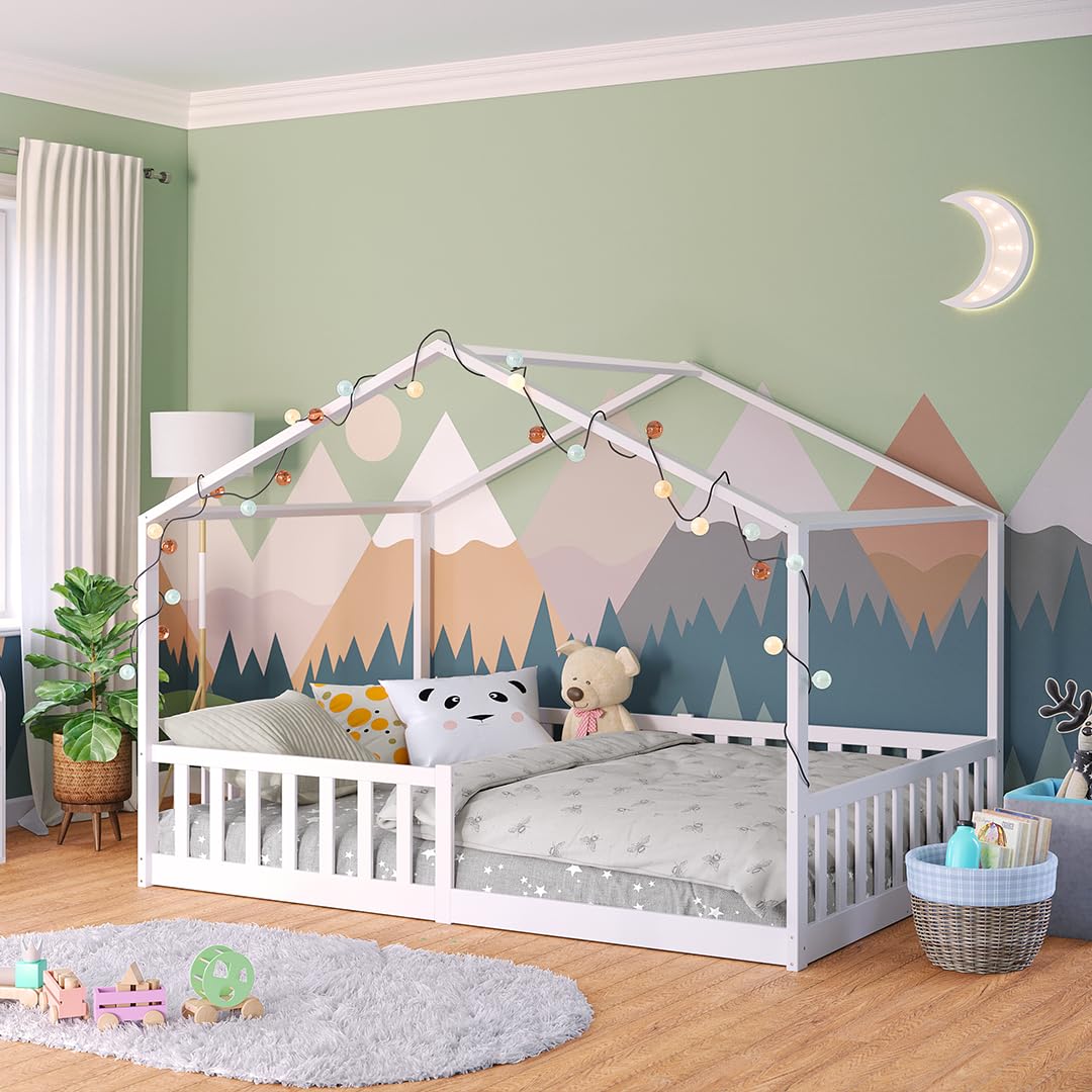 Bellabino Bia Kinderbett 120x200 cm, Bodenbett, Weiß, mit Rausfallschutz