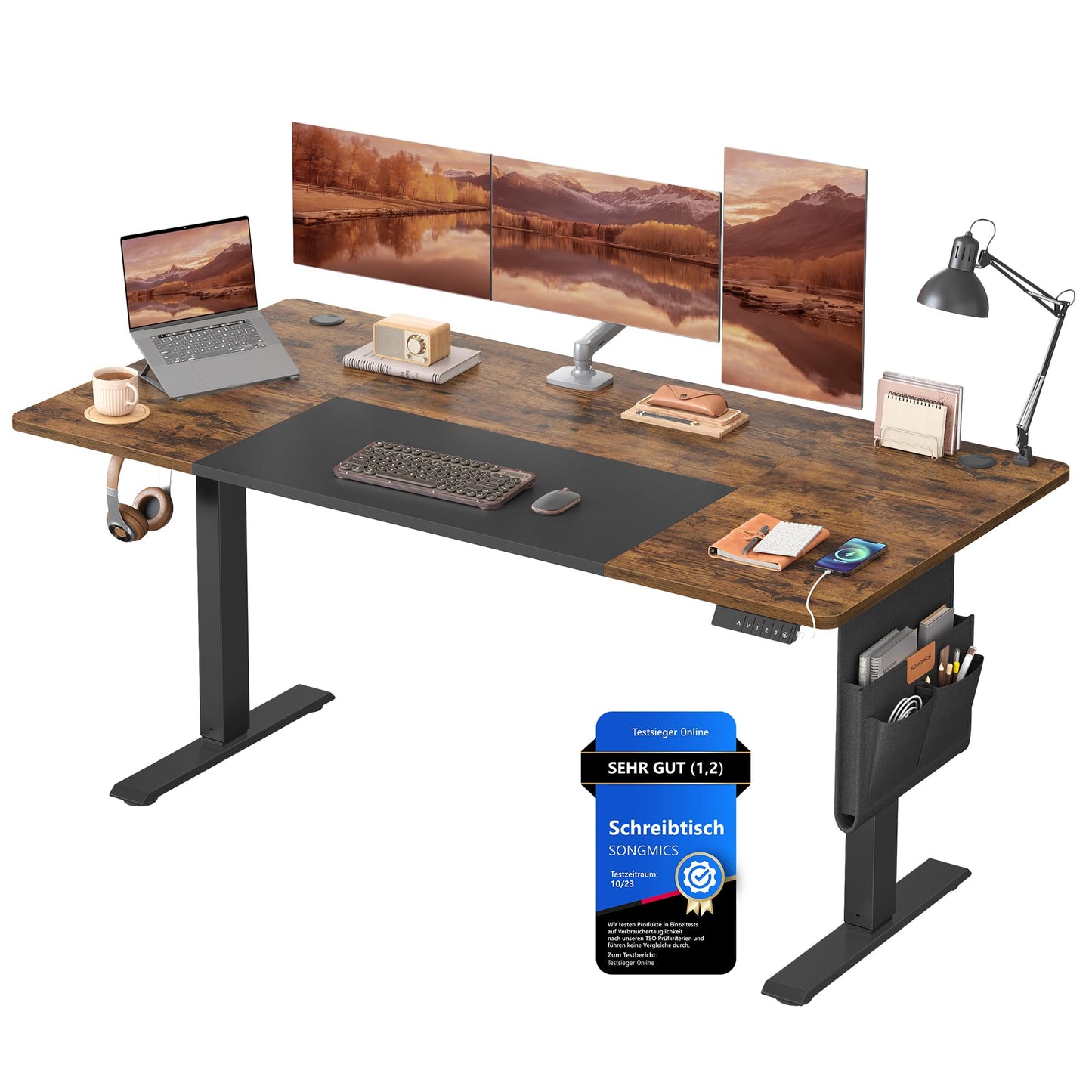 SONGMICS Höhenverstellbarer Schreibtisch 180x80 cm – Elektrischer Sitz-Steh-Schreibtisch mit USB, Organizer & Haken, Vintagebraun