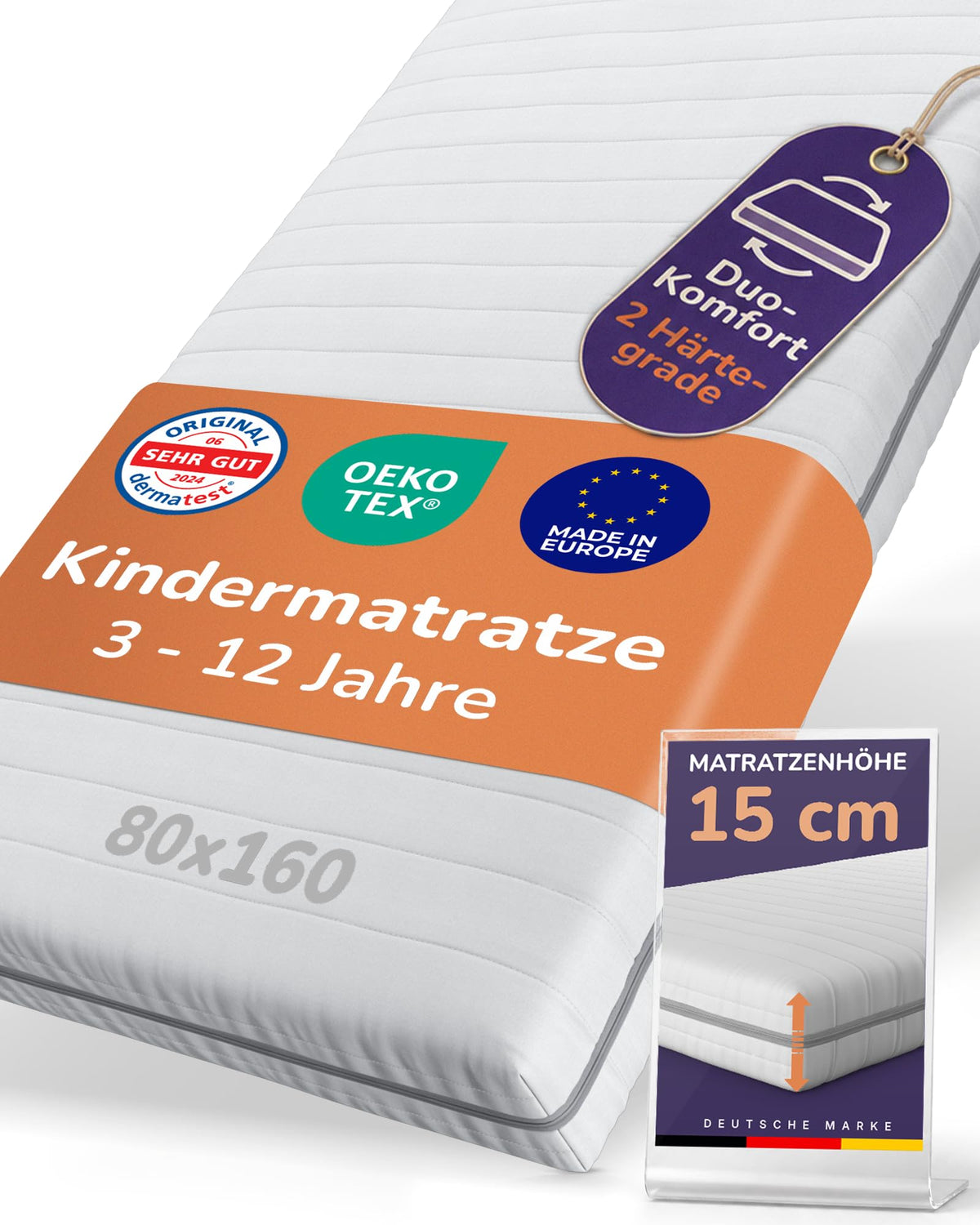 Sun Garden Kindermatratze 90x200 cm, 3-12 Jahre, 15 cm Komfortschaum RG28
