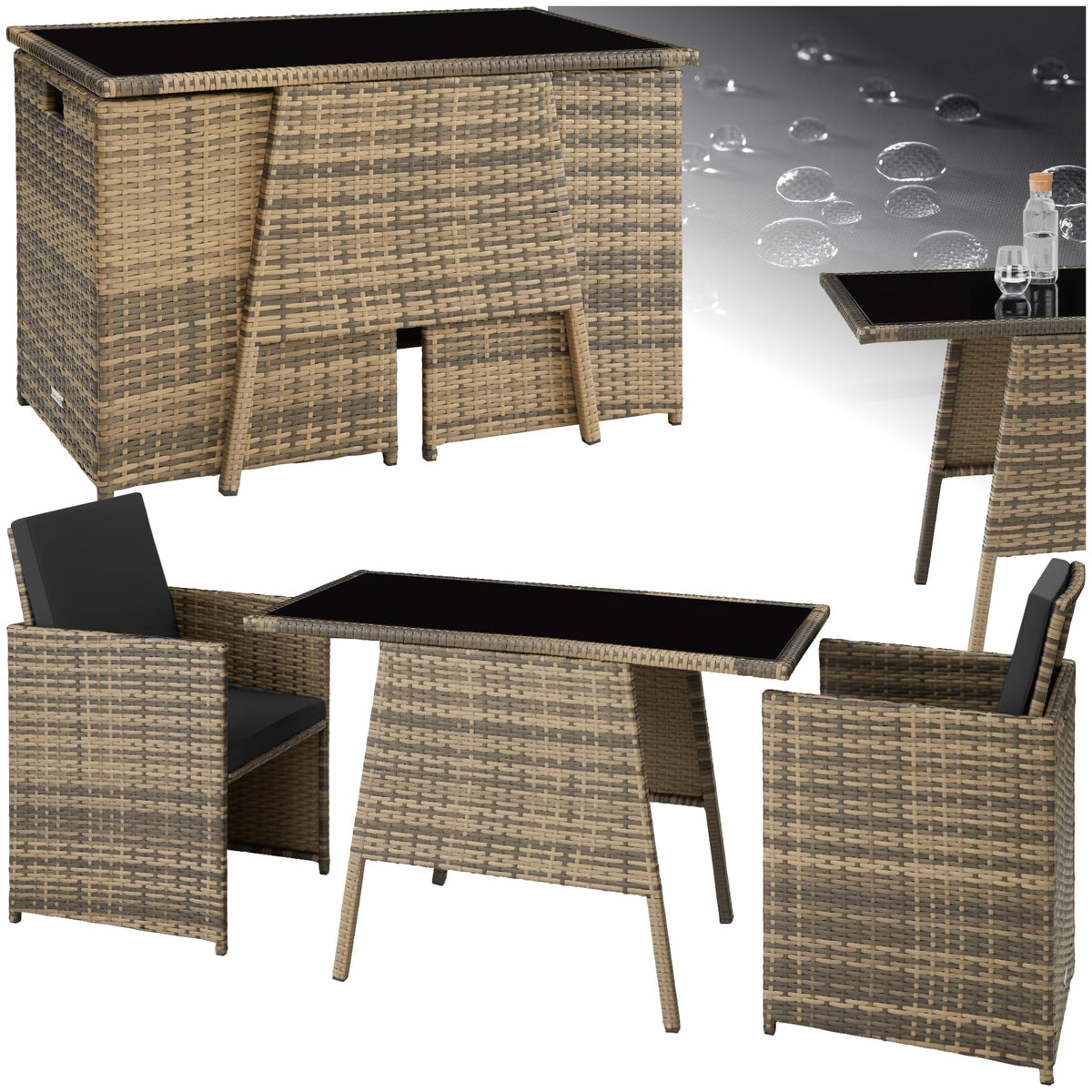 tectake Poly Rattan Balkonmöbel Set für 2 Personen Hellgrau – 2 Sessel & Tisch, Platzsparende Gartenlounge mit Kissen