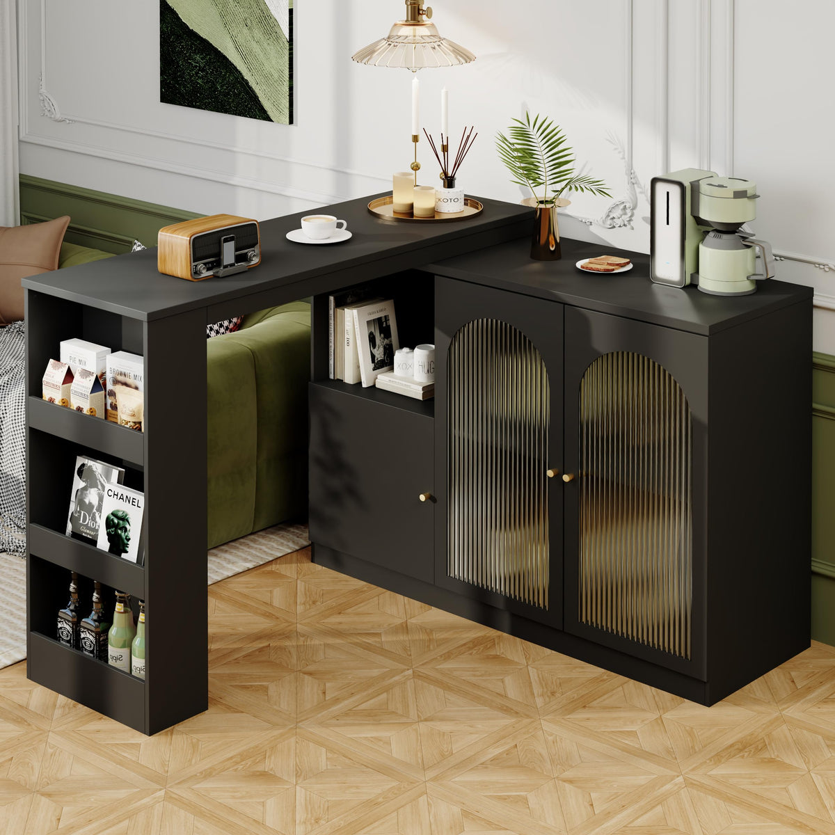 Merax Ausziehbarer Bartisch mit Stauraum, 360° drehbarer Beweglicher Bartisch Küchentheke Kücheninsel Kaffeeecke, mit Offene Ablagefächer, Glasschiebetür, Weiß/120-180 x 45 x 103 cm