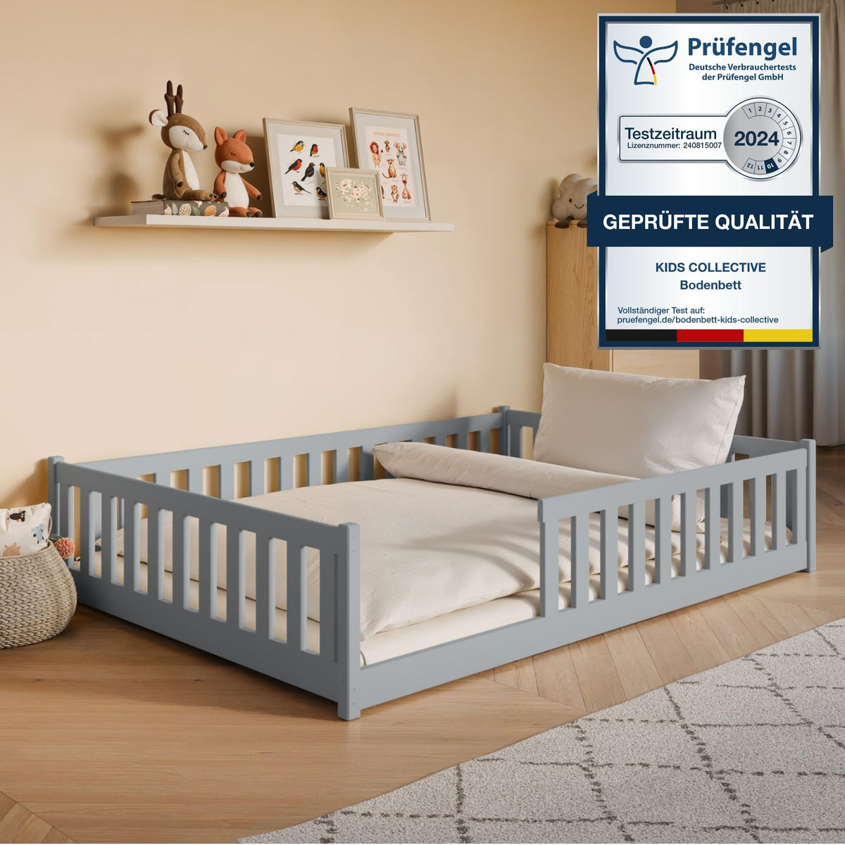 Kids Collective Kinderbett Bodenbett 120x200 cm Bett mit Rausfallschutz & Lattenrost Montessori Bett Bed Gitterbett Kinder Jugendbett Einzelbett | Natur Kiefer Holz massiv Junge Mädchen