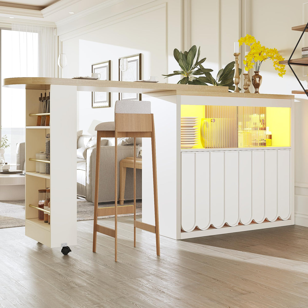 Merax Ausziehbarer Bartisch mit Stauraum, 360° drehbarer Beweglicher Bartisch Küchentheke Kücheninsel Kaffeeecke, mit Offene Ablagefächer, Glasschiebetür, Weiß/120-180 x 45 x 103 cm